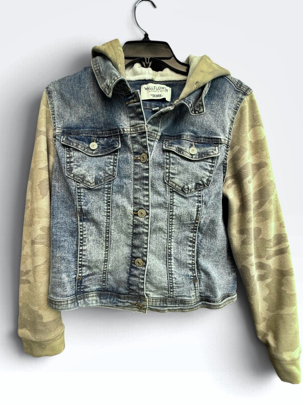 WallFlower The Dreamer Fit Hooded Denim Camo Jacket Size XL